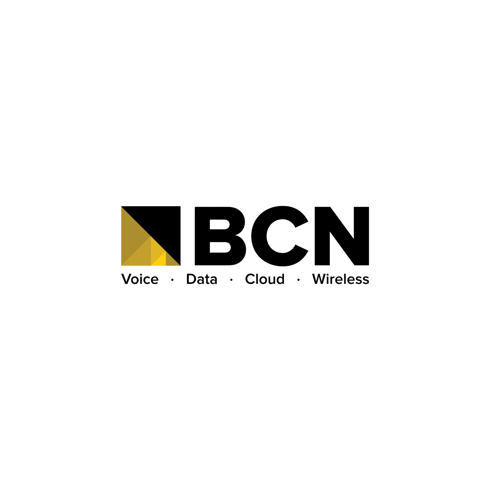 Logo of BCN, a telecommunications company, featuring black and gold geometric shape next to the letters