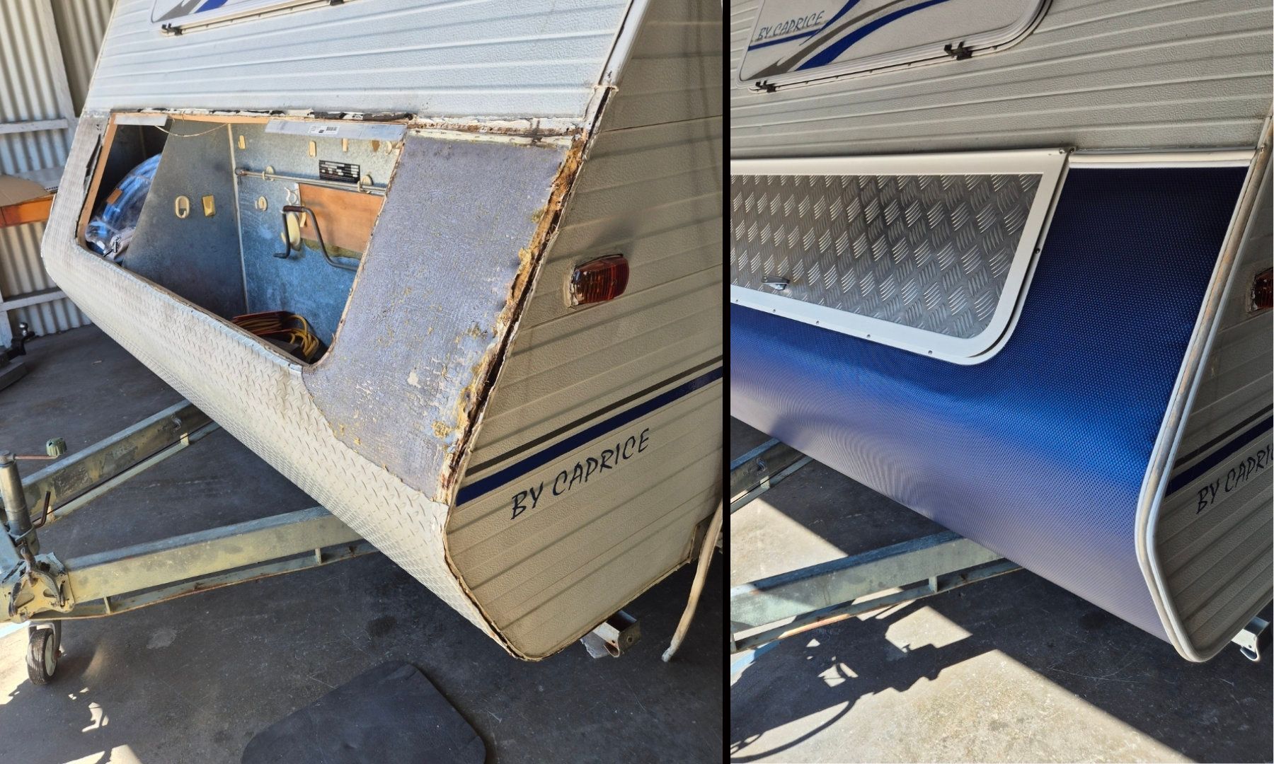 Before and after image of caravan cladding — Revive Caravan Repairs in Kippa-Ring, QLD