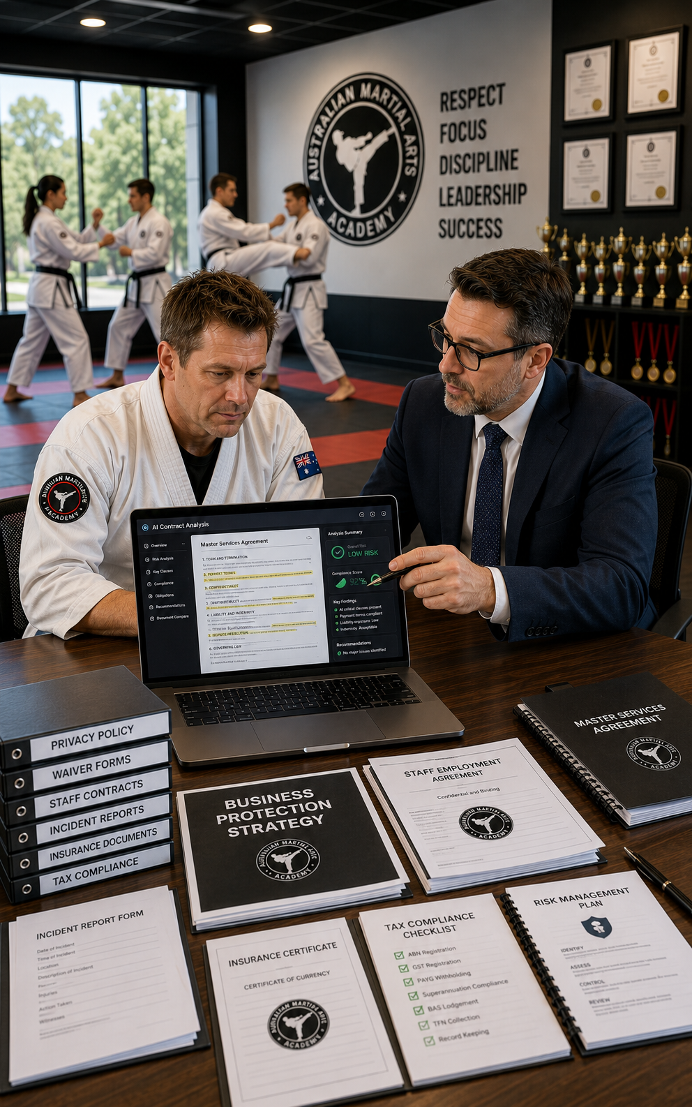 Two men reviewing a laptop at a table with brochures and certificates in a martial arts studio