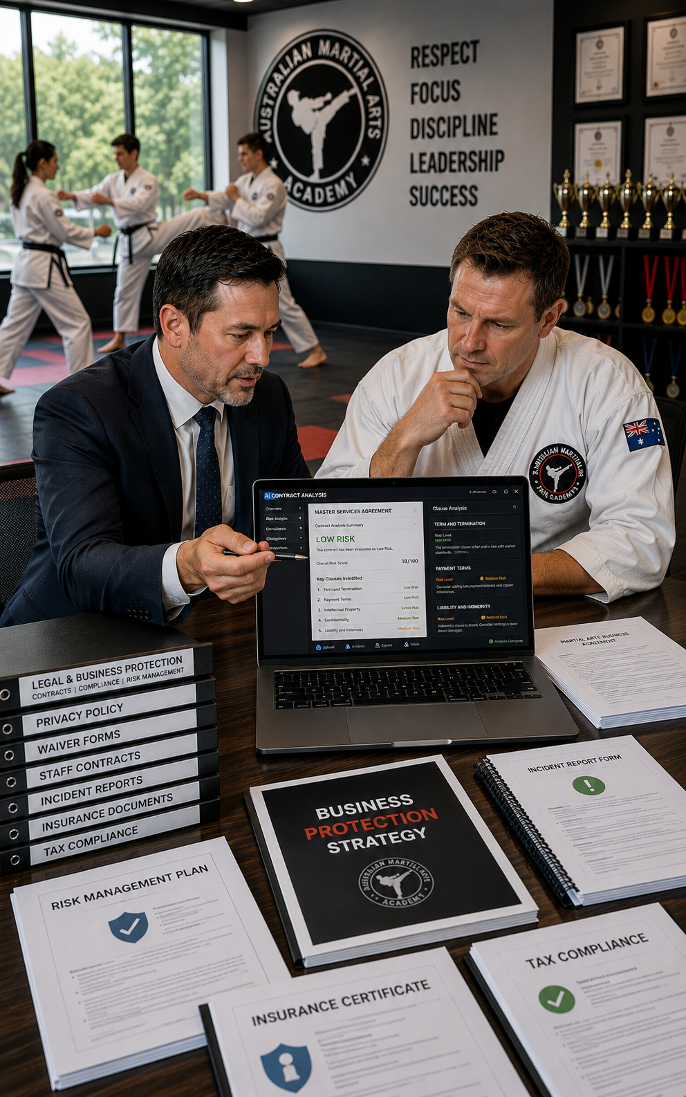 Two men discussing a laptop at a recruitment booth with brochures and a police-themed backdrop