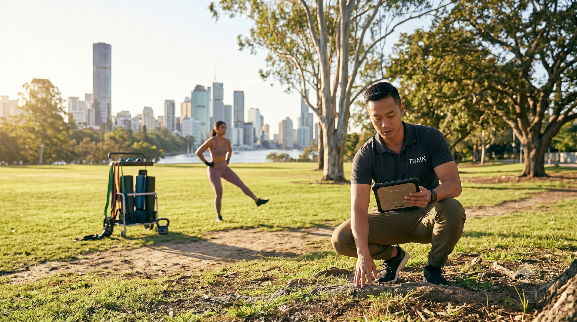 Two people exercising in a park with a city skyline in the background