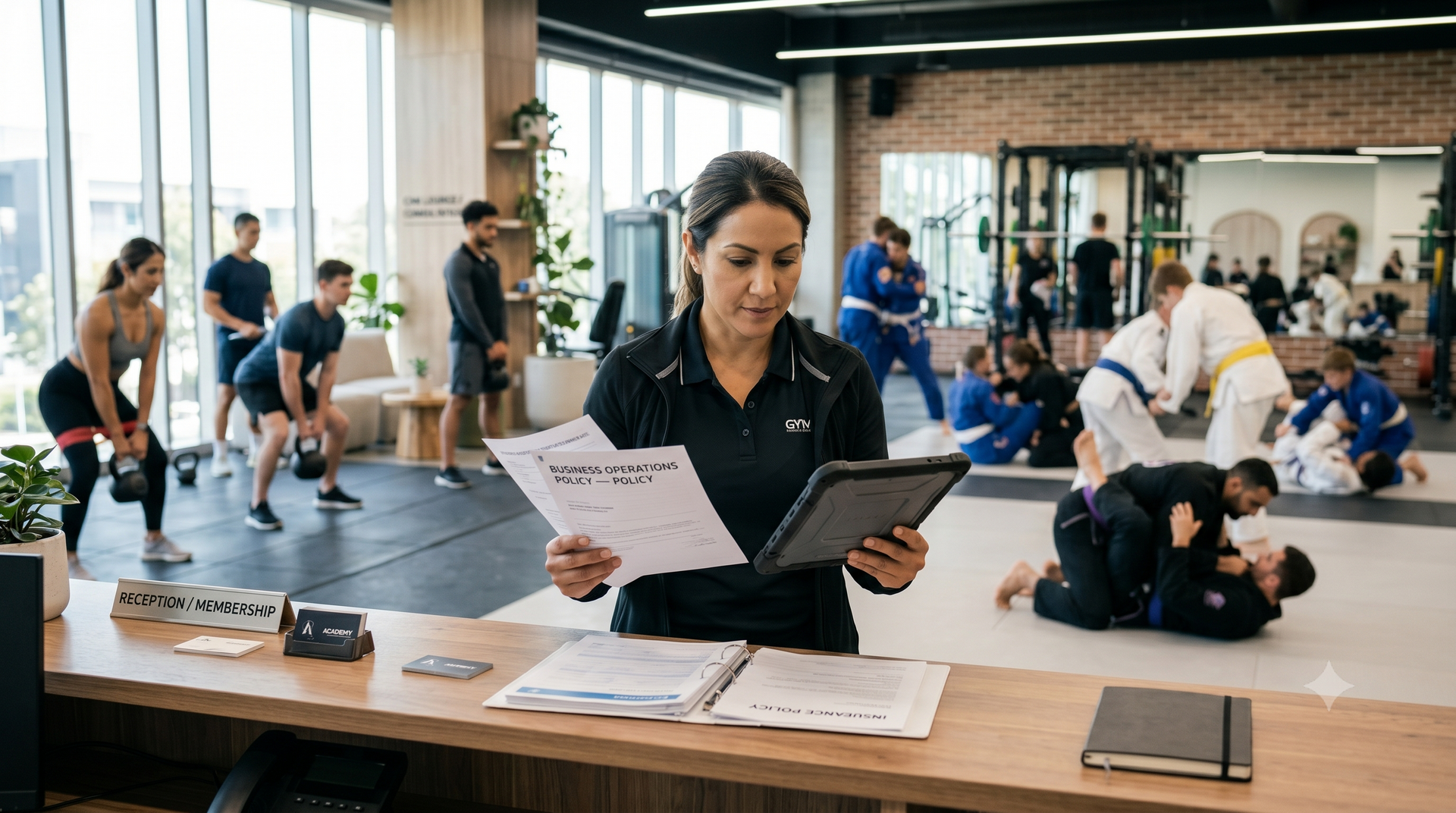 Fitness class check-in desk in a busy gym, with a woman reviewing papers as people exercise in the background
