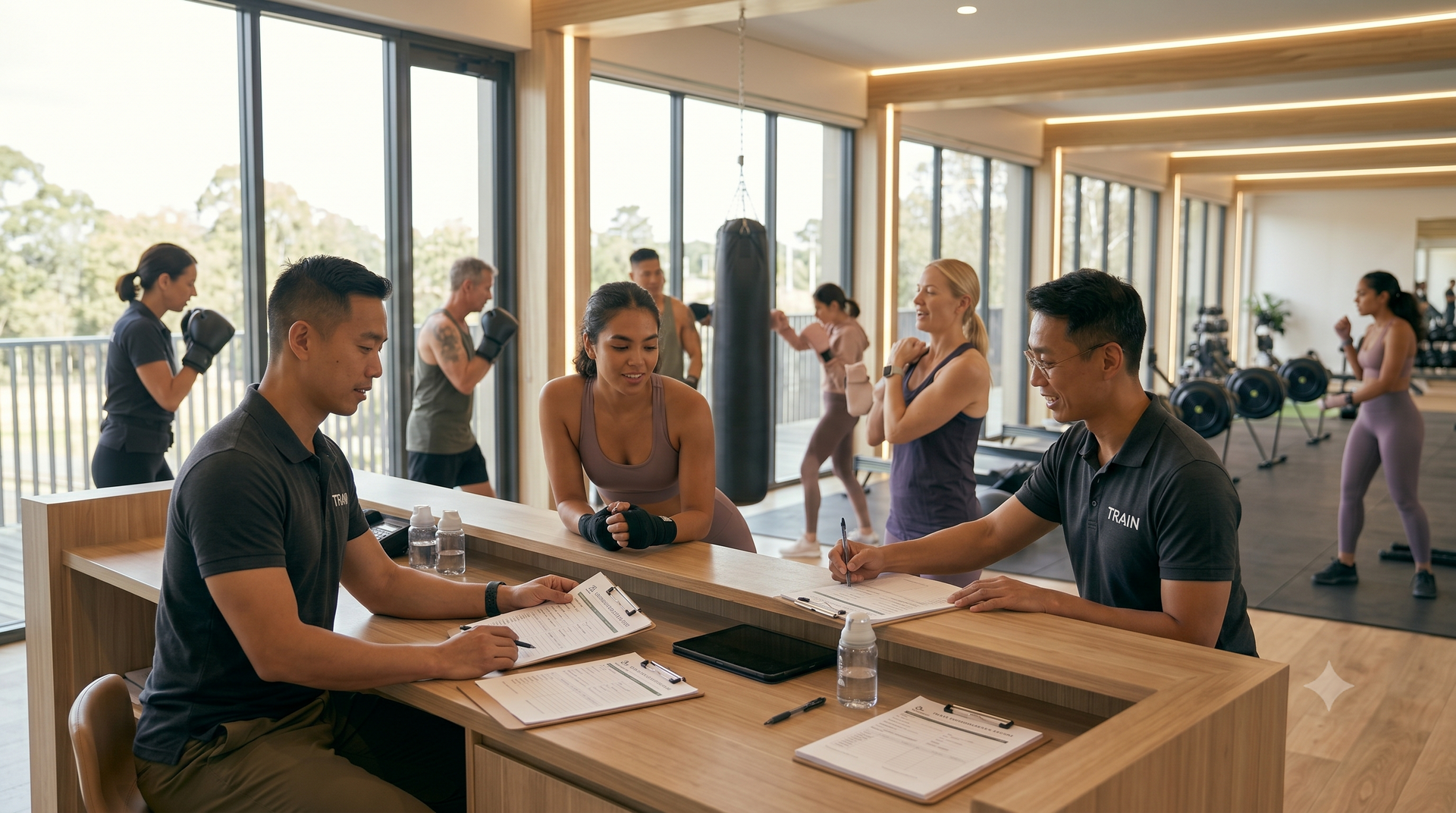 People at a yoga studio reception desk with clipboards, while others exercise in the background.