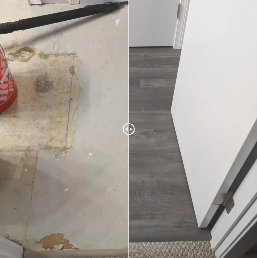 Before and after flooring showing the old worn floor and the new polished finish.