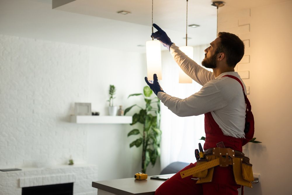 A Man Is Hanging A Light Bulb From The Ceiling In A Living Room — Electrical Services In Wagga Wagga, NSW