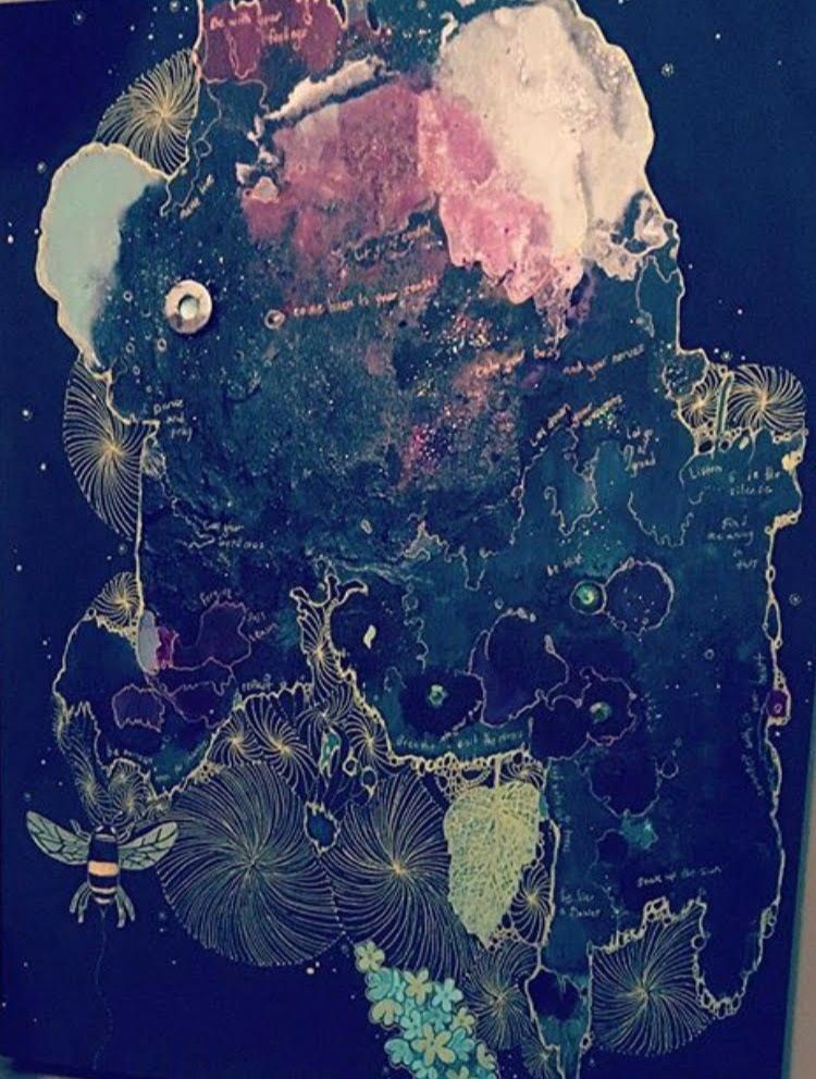 A painting of an old woman who magically appeared when pouring paint onto a canvass which is outlined in various ways with gold gell pen and a bee weaving some kind of spell to the universe.