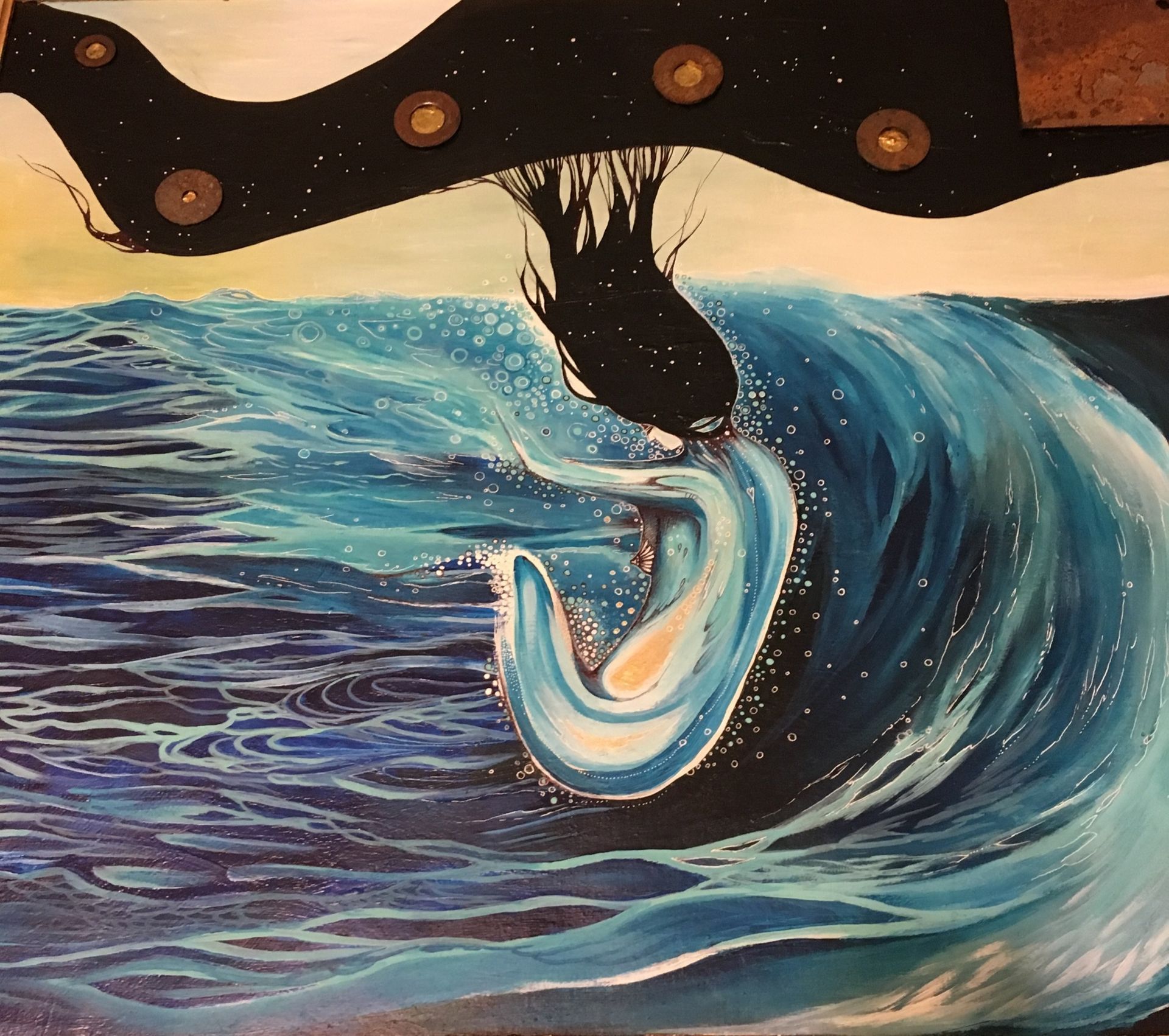 A print of a painting with a woman plunging into the water and depths of her own emotions, letting go of grief and turning into the ocean with her long hair connecting to the night sky, the collective unconscious, or the collective hive mind/energy/source that our souls return to eventually.