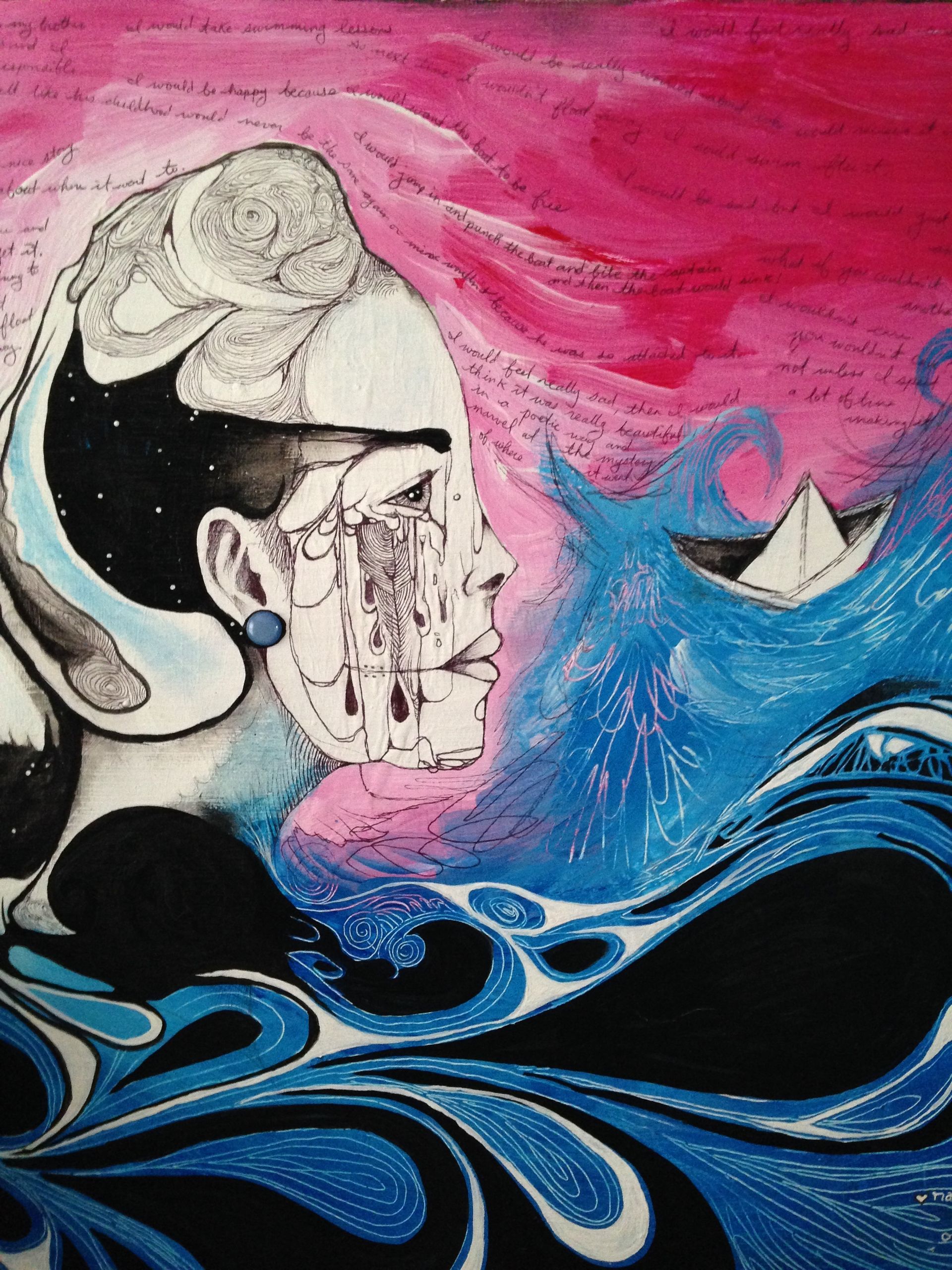 Painting of a woman's profile with her neck turning into waves, tears streaming down her face, watching a boat drifting away. A story and an analogy about grief and attachment with many of my friends responses written in the background amidst the waves of emotions.