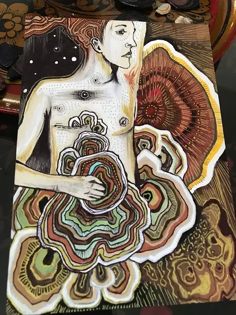 Painting of a red headed woman, a friend who passed with breast cancer and some of the medicinal mushrooms they used to heal, turkey tail, reishi, chaga and some tumors reappearing in black above their mastectomy. Night sky appears in the background and they carry a solemn look in their face.