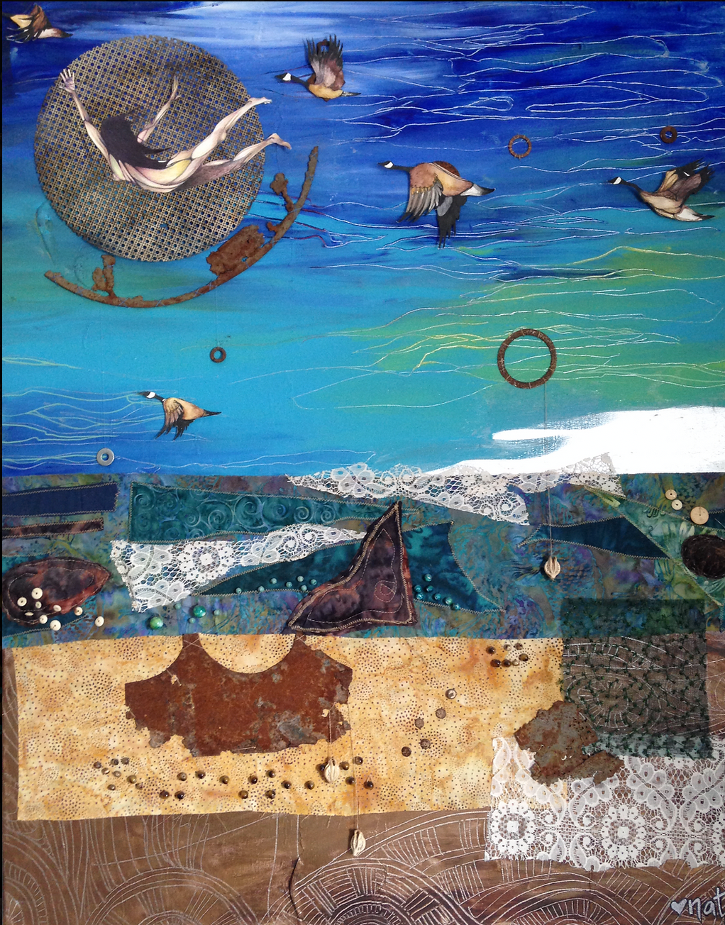 Painting of a woman having a flying dream, her naked body flying through the night sky with some geese over land of sewn fabric pieces, inspired by a friend's art who was far away and I was missing at the time.