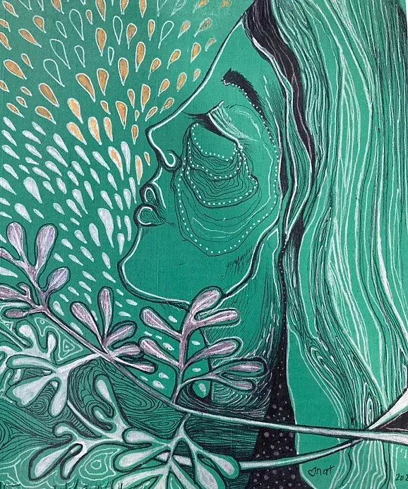 Painting of a woman's profile and the plant of rue and rain or liquid bursting from her throat.