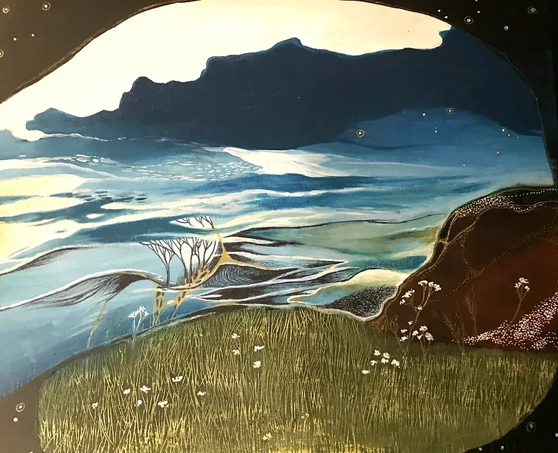 Painting of a landscape from Grand Manan, an island in New Brunswick with aspects of the land taking on the shape of a woman's body, the grass her thigh, a mound of dirt her hips, the wind her breast, the clouds her back.