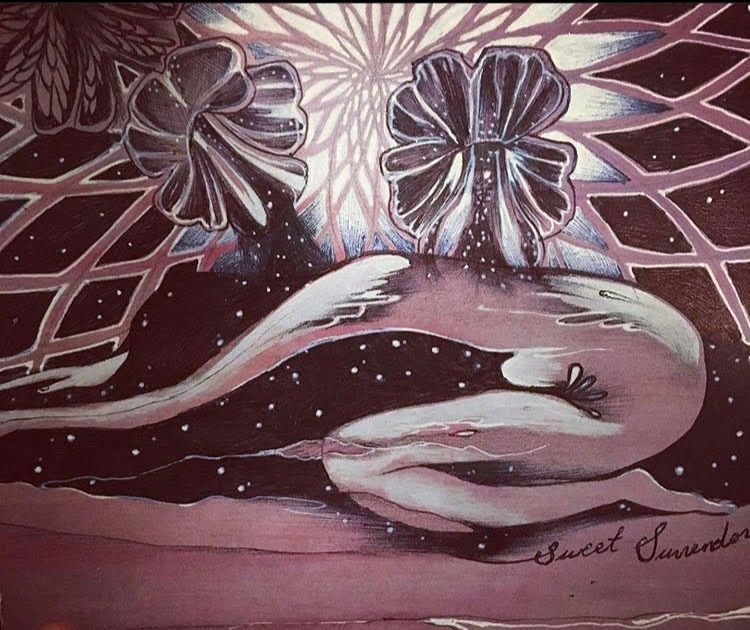 A painting/drawing of a woman in child's position, surrendering to her fears of dying with mimulus flowers pouring down medicine onto/into her back as a remedy for expanding into new feeling states.