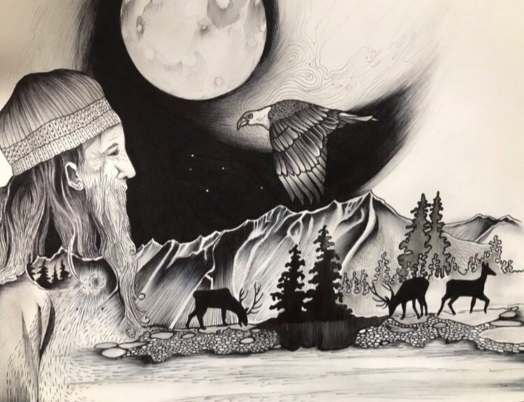 Drawing of an old man by the mountains with deer and the moon and an eagle flying towards him and the river extending from his heart space.