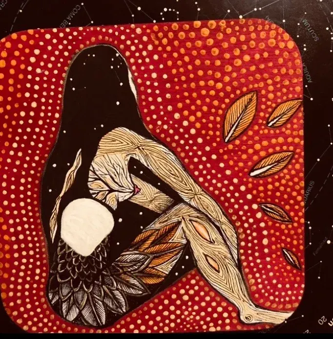 Painting of a naked woman with healing energy taking care of her guts, feathers living within her and  also floating away and her energetic field becoming more vibrant.