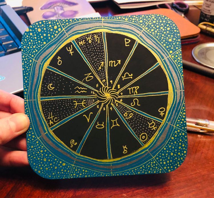 A small canvass painting of a clients birth chart.