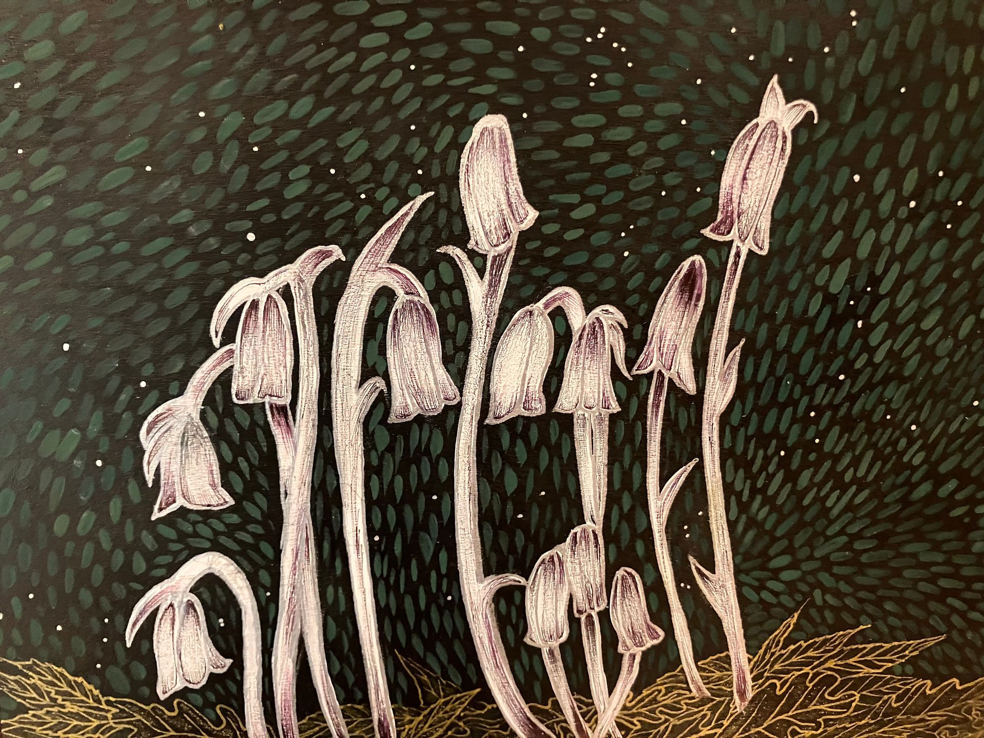 10 white ghost pipe wild flowers popping up from the ground covered in leaves with a green background with light green dots making for the illusion of movement.