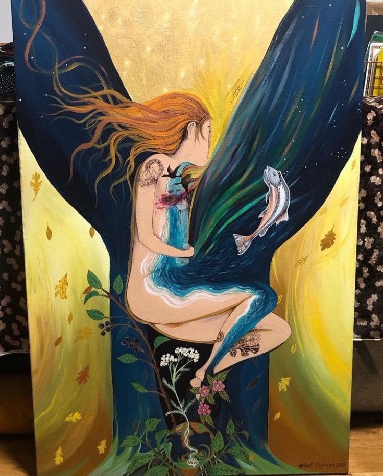 Image of a redheaded woman named Amara, turning into water and transitioning onto the other world, surrounded by salmon, geese, nettles, berries and leaves blowing in the wind, all bursting out of the Earth.