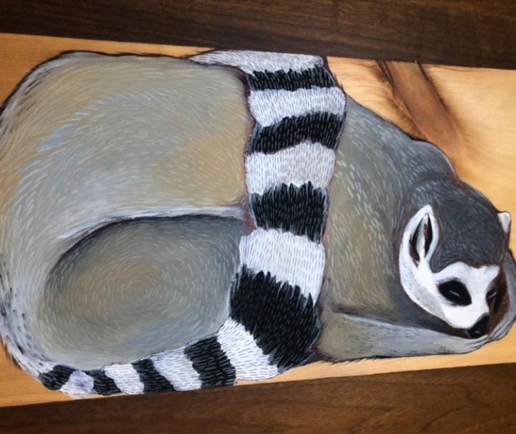 Painting of a sloth sleeping with its tail trapsed over its body.