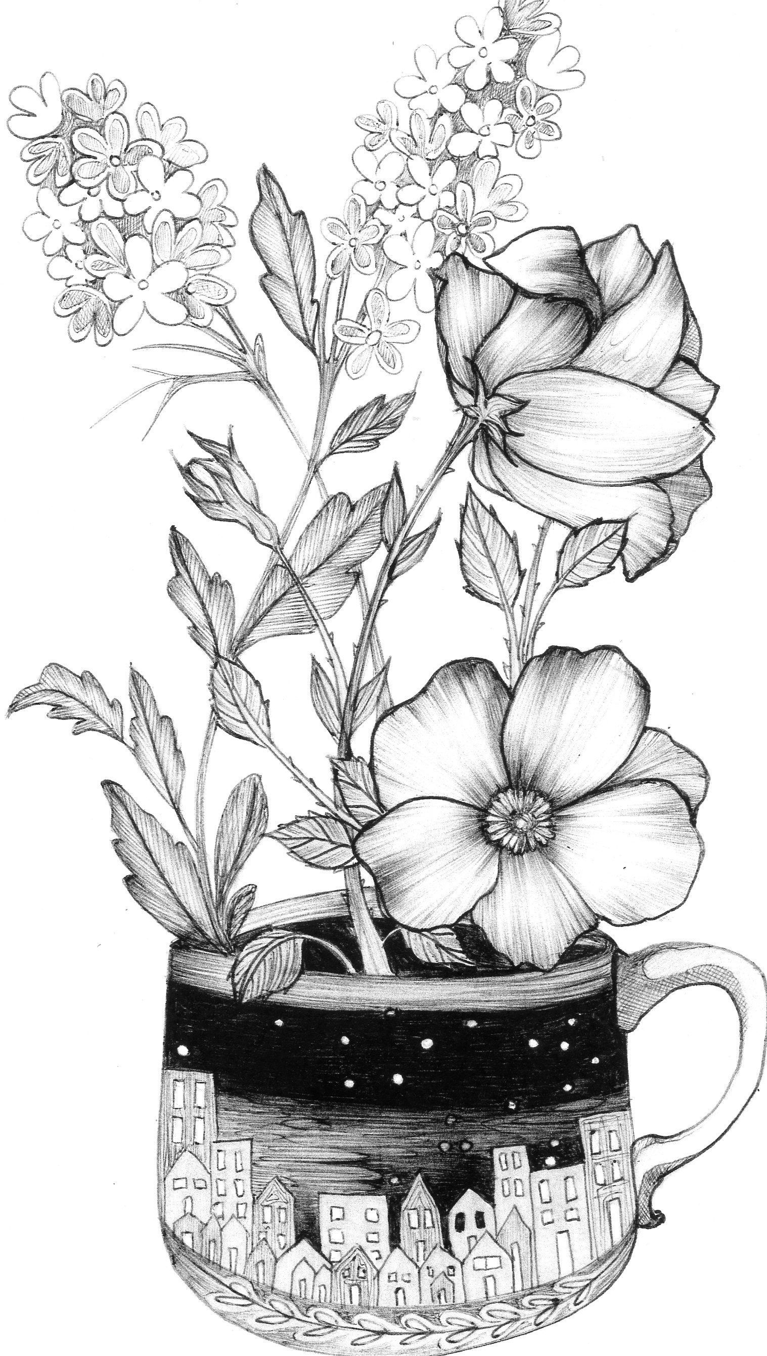 Drawing of a tea cup with 22 houses drawn on it, with wild roses and lilacs growing out of the vessel.