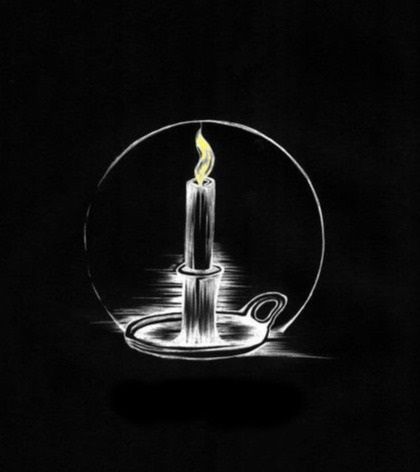 A candle with a bright yellow flame held by an old fashioned candle holder in white with a black background.