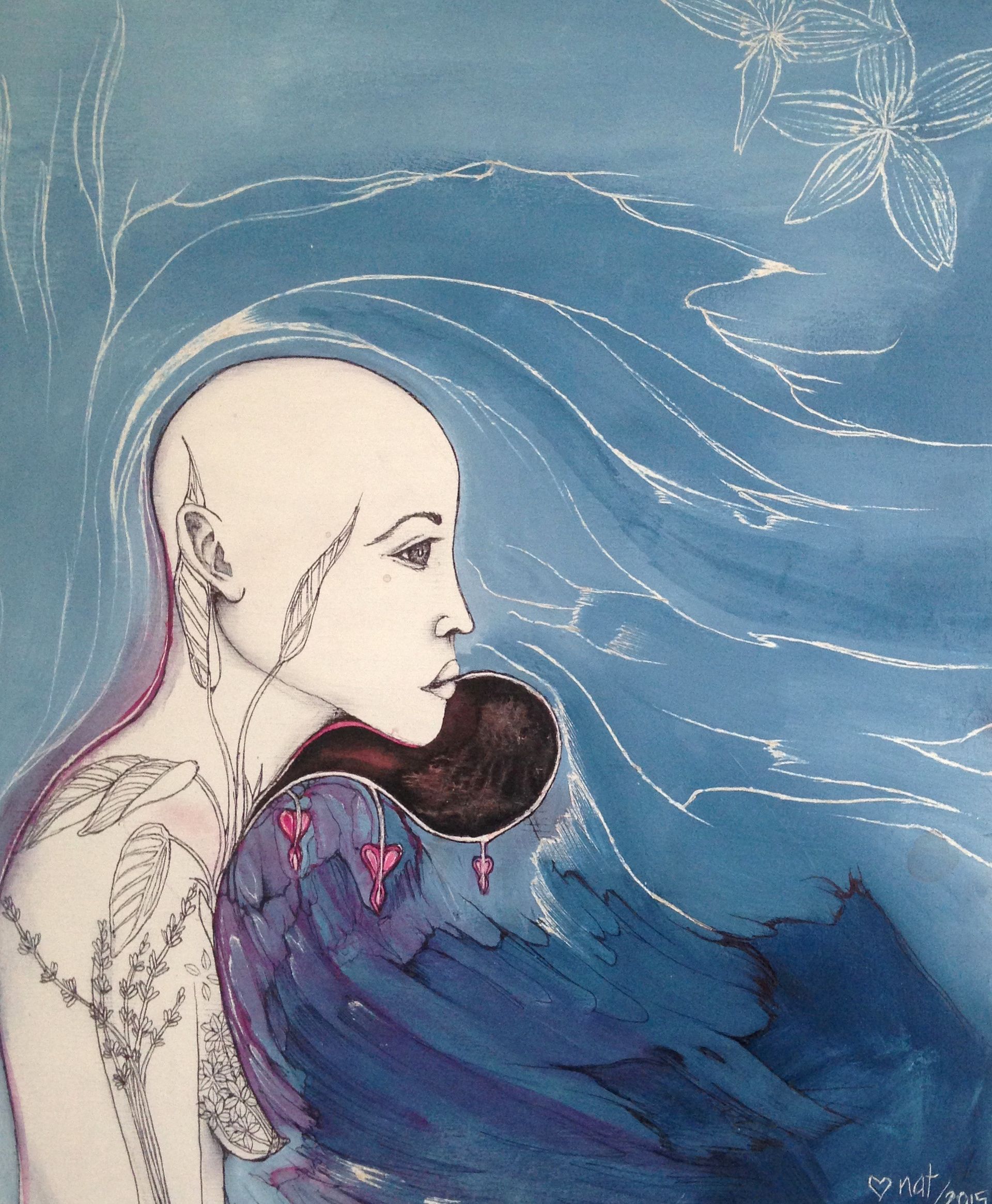Painting of a woman with a shaved head and bleeding hearts escaping from her body and other green plants growing within.