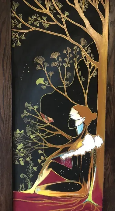 Tall painting of a ginkgo tree with a woman sitting underneath it with storm clouds obscuring her chest, rain pouring down, masked (due to covid) looking out at a sparrow which has turned red after having died but remains quite alive in a different realm, straddling a liminal space between this world and that one in the hereafter.