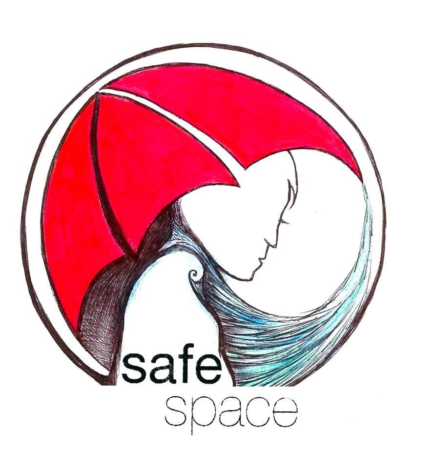 Drawing of a woman's profile with a red umbrella, a symbol for sex-workers, with a wave of water leaving her chest and the words SafeSpace contained within.