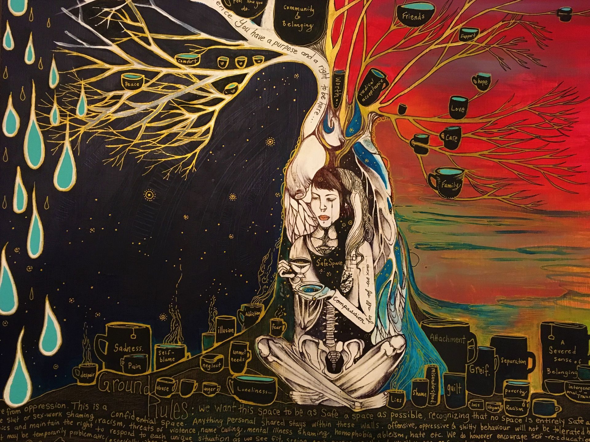 Painting of a woman sitting in front of a tree with tea cups around her on the ground and above her in the sky. Tea cups on the ground have words written on them such as: lies, abuse, intergenerational trauma and cups in the tree have words such as: hope, love care, community etc.