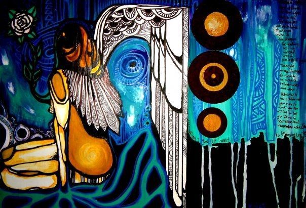 Painting of an angel named Azalea with a large wing and some washers alongside and roots growing from her hands.