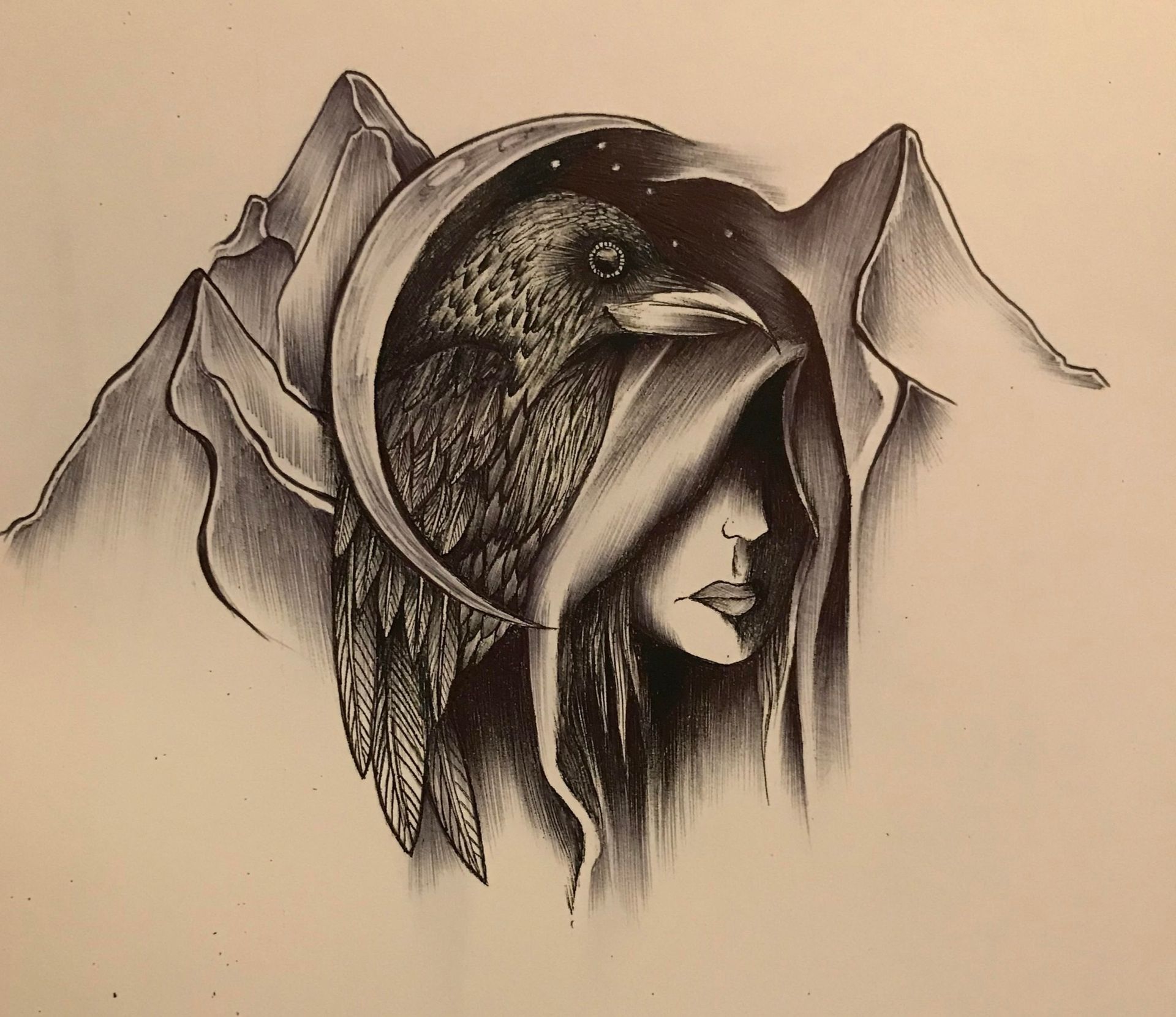 Drawing of a hooded woman with a raven perched on her shoulder under the crescent moon with mountains behind her.