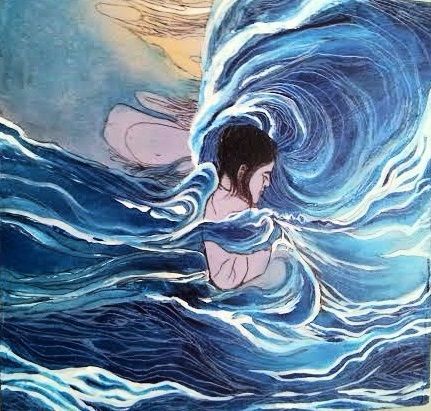 Painting of a pregnant woman submersed in water and waves preparing for birth and being with her unborn child tenderly in their last moments of being two bodies in one.