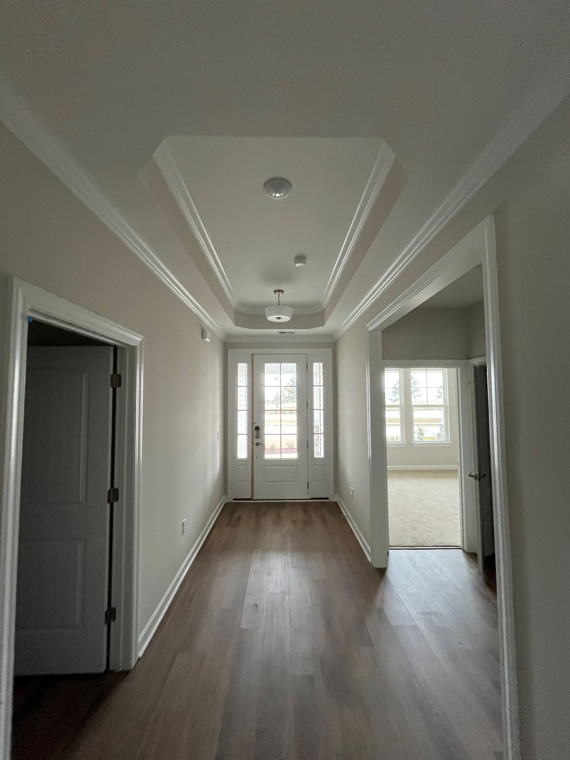 Hallway with dark wood floor, white walls and trim, recessed ceiling with lights, and a glass door.