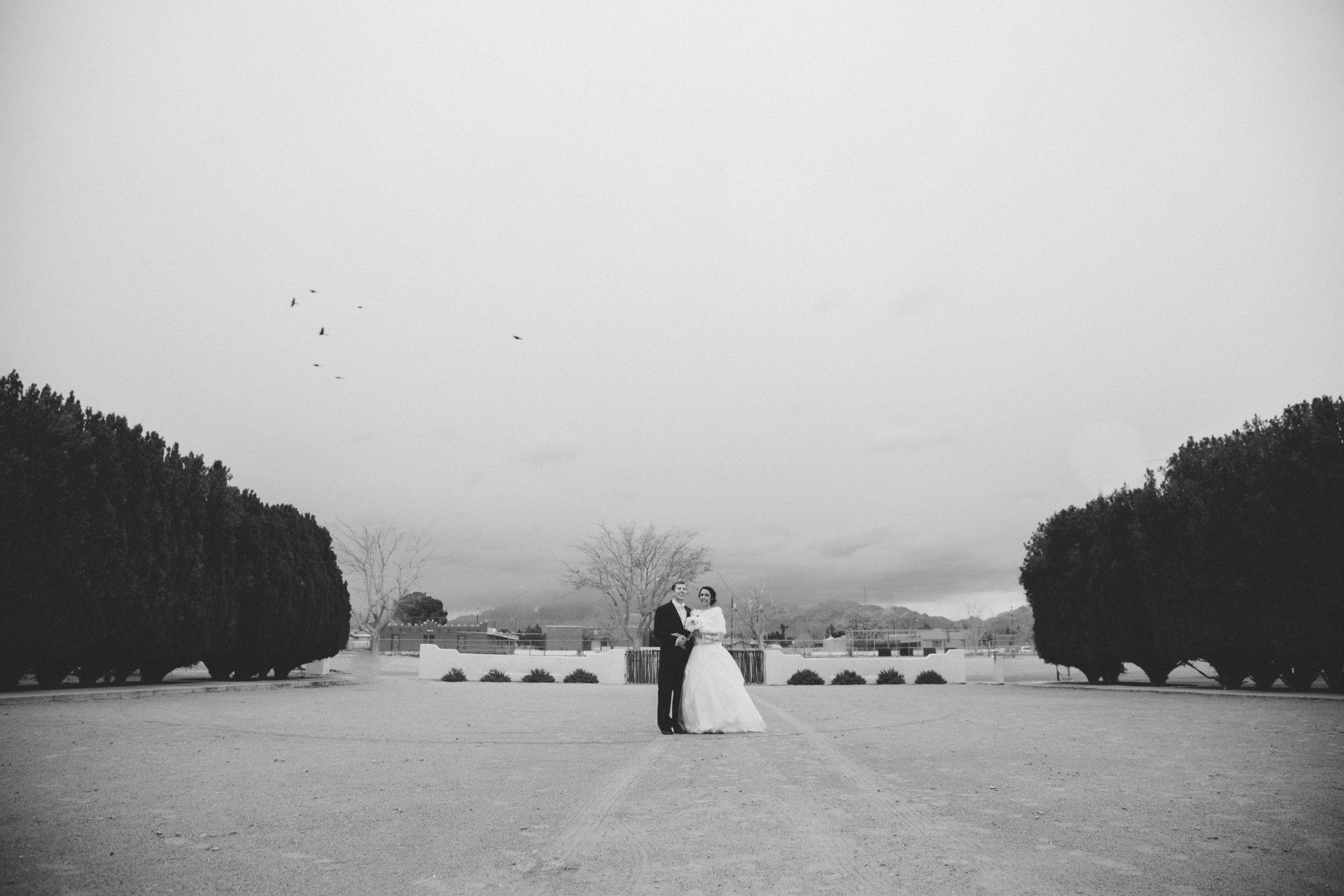 A black and white photo of a bride and groom standing in a field.