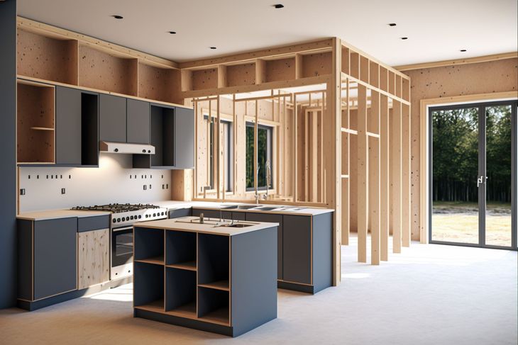 Modern kitchen under construction with dark cabinets, island, and exposed wood framing near large windows