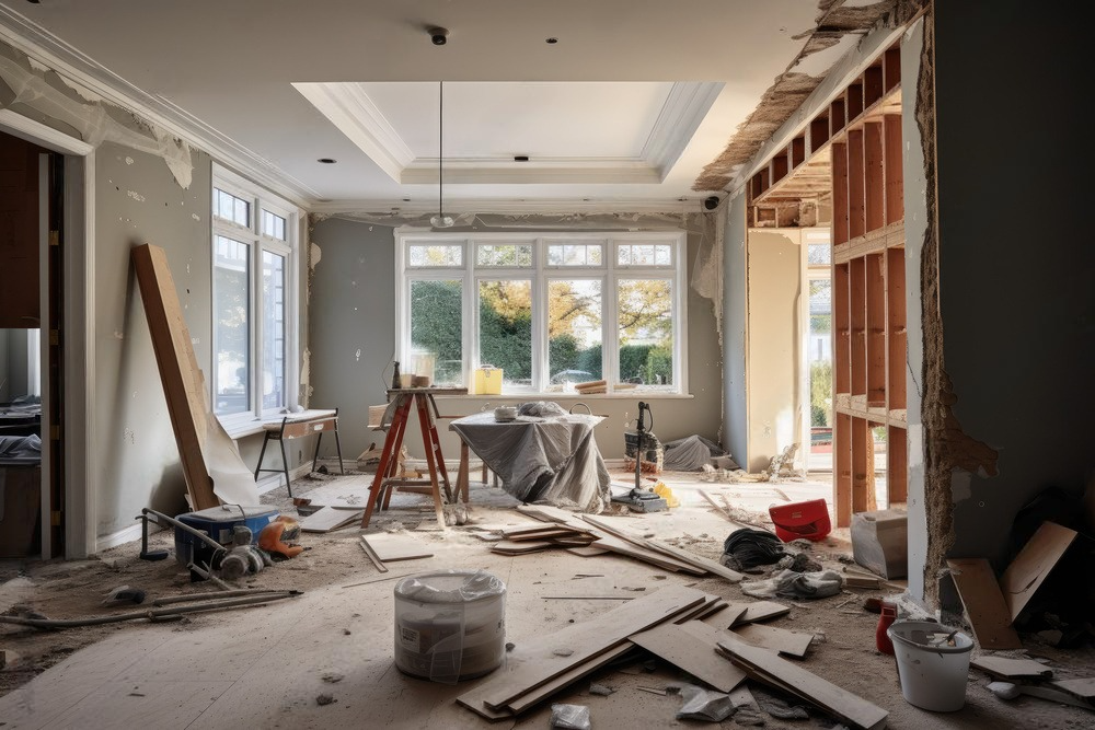 a room that is being remodeled with a lot of tools on the floor