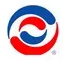 Blue and red swirling logo.