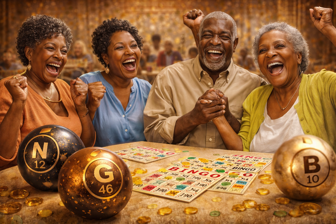 Group of four celebrating Bingo win. Golden balls and cards on table.
