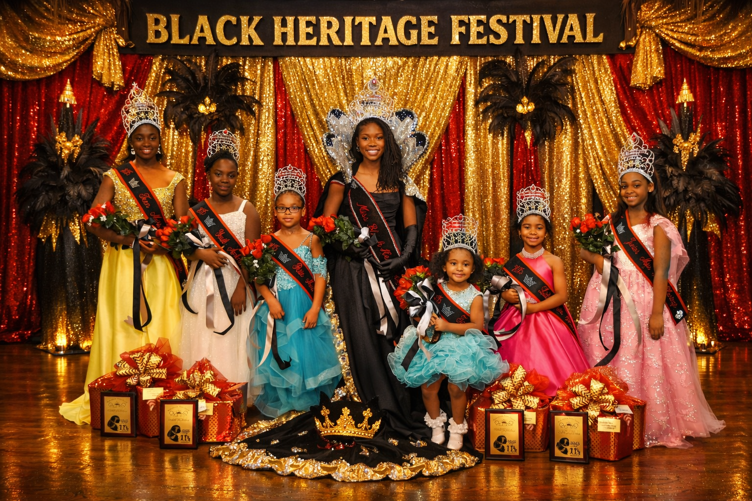 Group of girls in formal dresses and crowns at Black Heritage Festival.