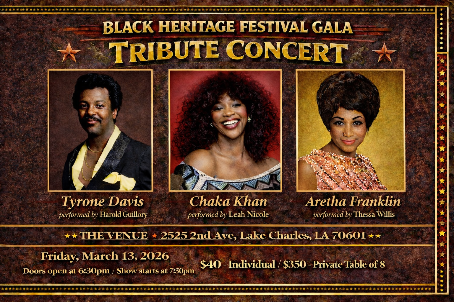 Concert flyer: Black Heritage Festival Gala, tribute to Tyrone Davis, Chaka Khan, Aretha Franklin. March 13, 2026, Lake Charles, LA.
