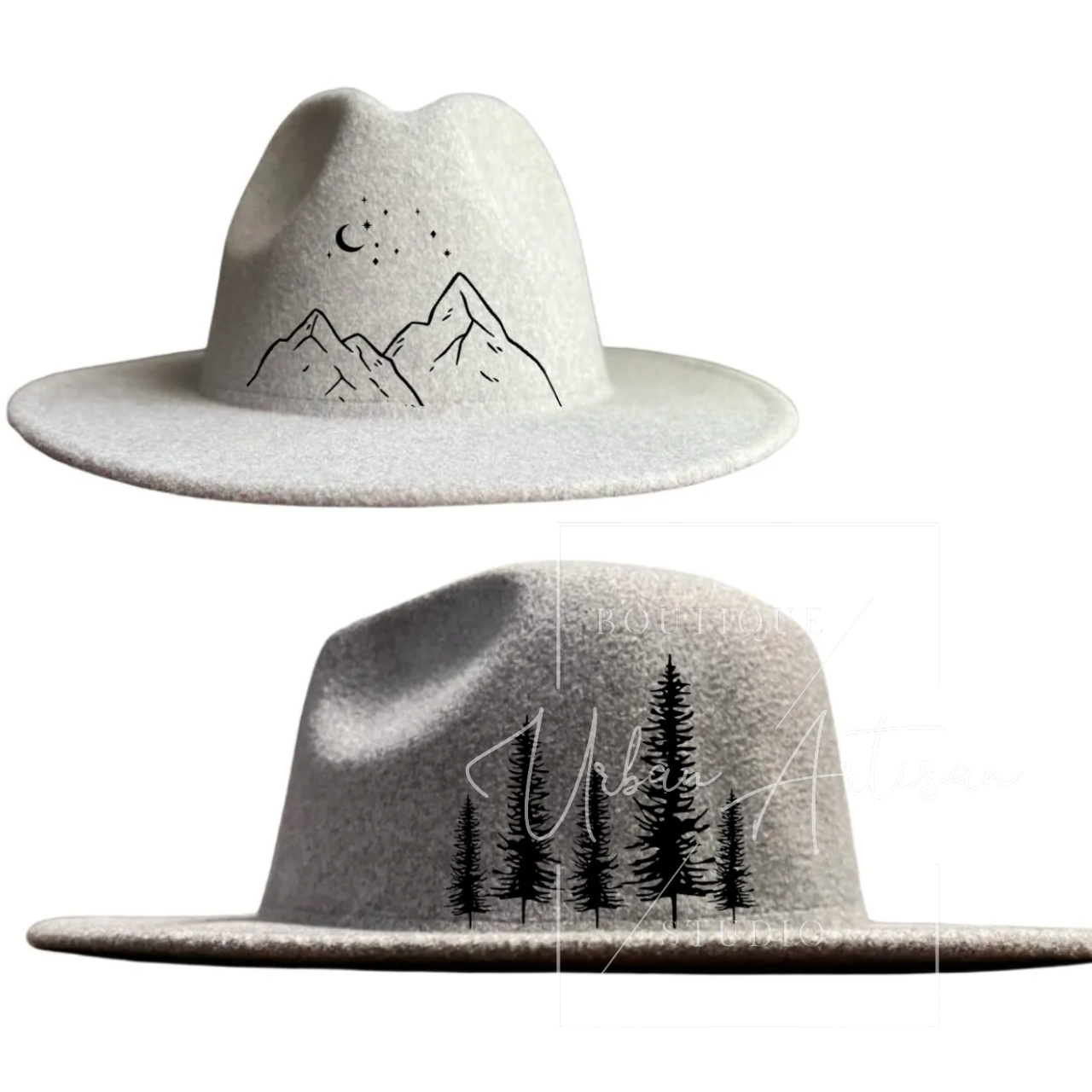 Two hats with mountains and trees on them