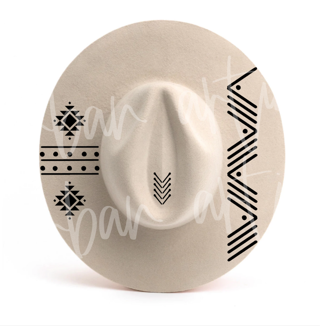 A white hat with a black design on it