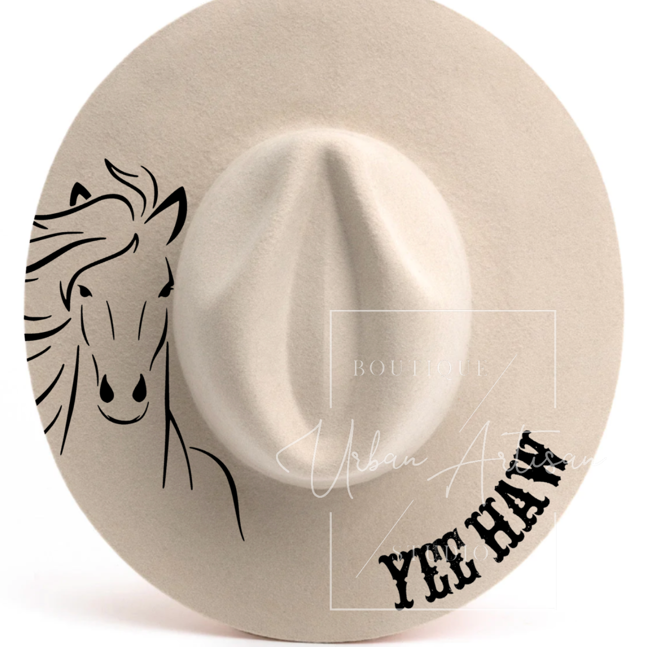 A yee haw hat with a horse on it