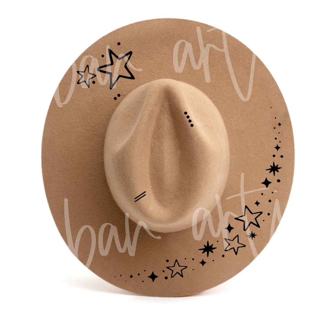 A tan hat with black stars and the word art on it