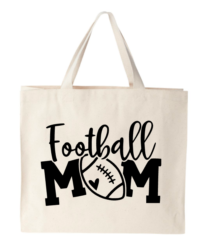 A tote bag that says ' football mom ' on it
