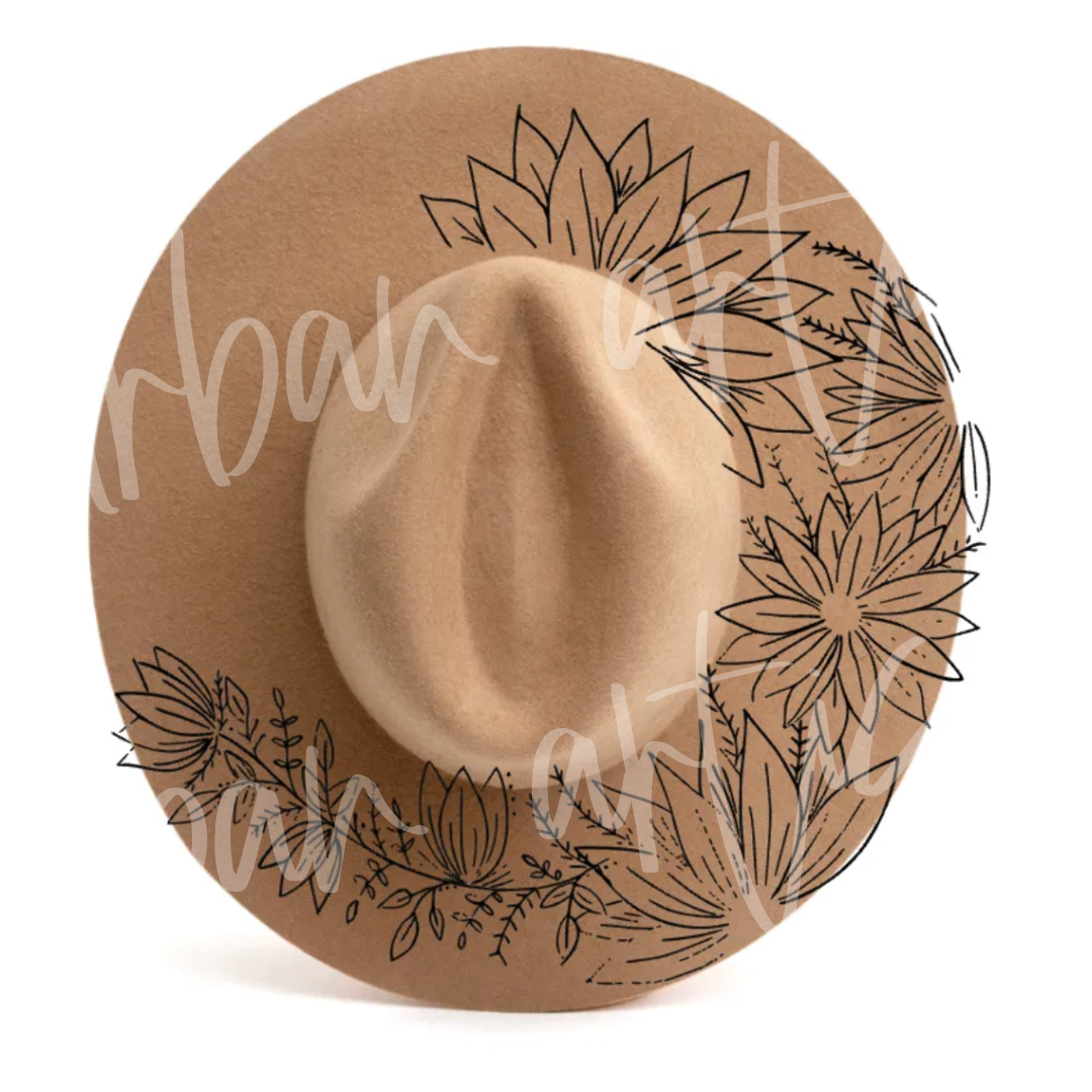 A brown hat with flowers painted on it