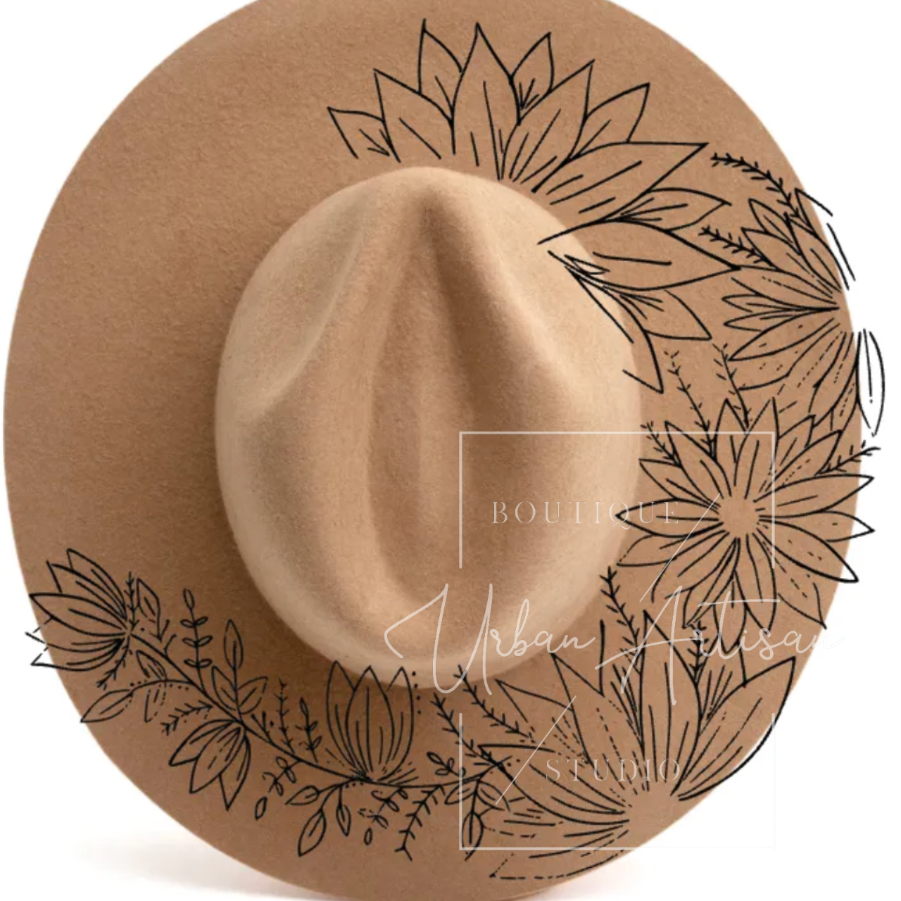 A brown hat with a drawing of flowers on it