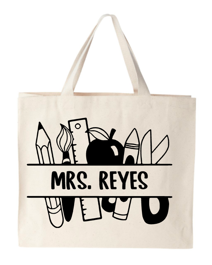 A tote bag with the name mrs. reyes on it