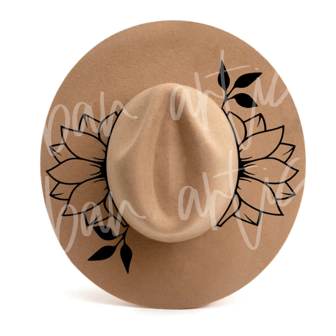 A hat with a sunflower and leaves on it