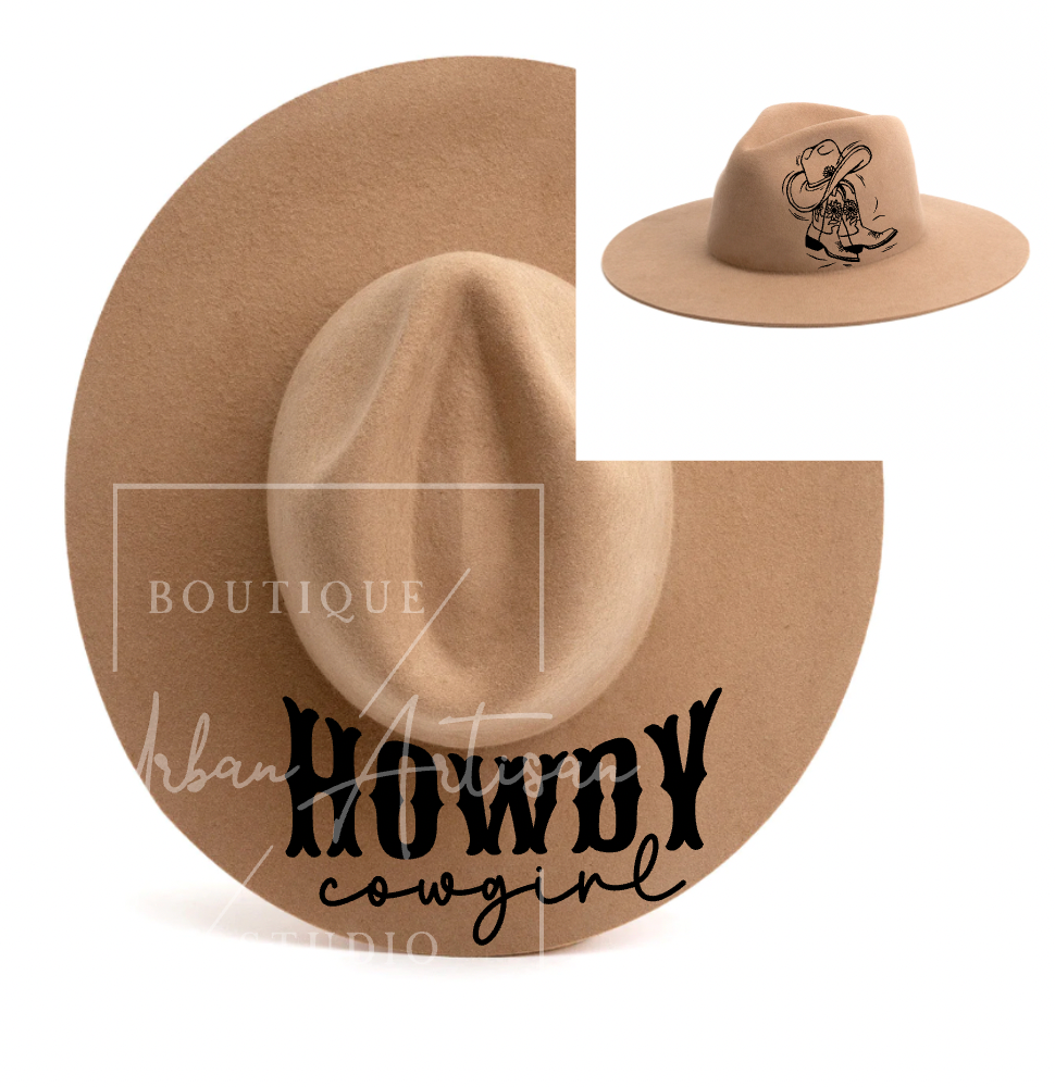 A brown hat that says howdy cowgirl on it